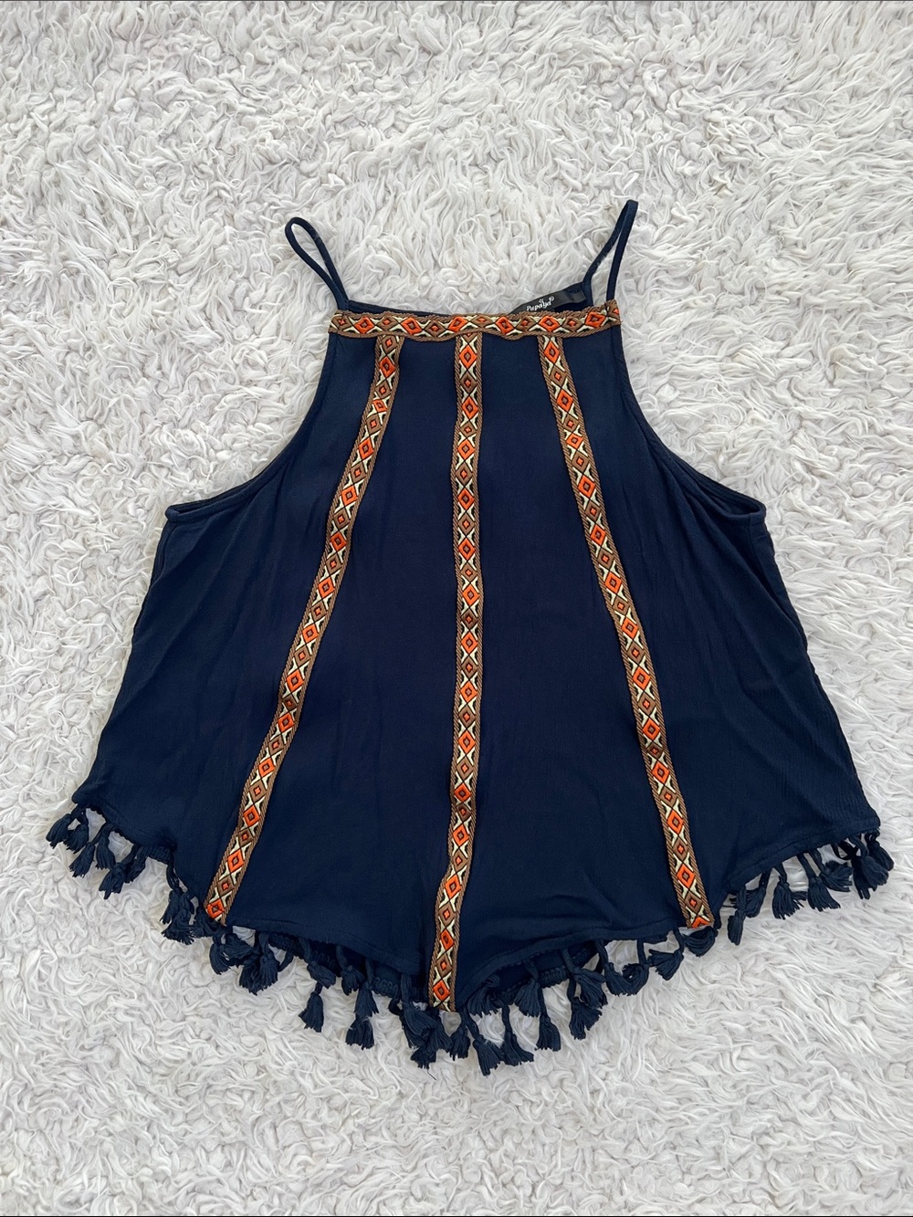 Papaya Tank Top Boho Blue Tassles Summer Size Medium